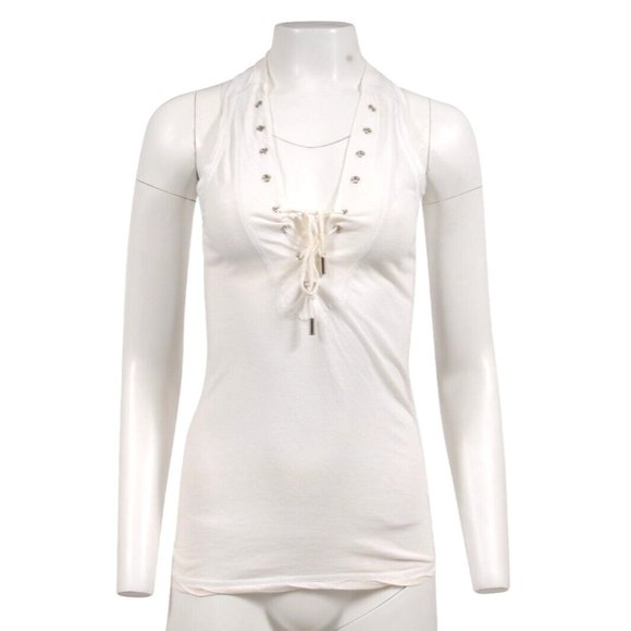 Dsquared2 Womens Lace Up Logo Deep V Neck Tank Top Small White Cotton Linen Y2k - Picture 1 of 11
